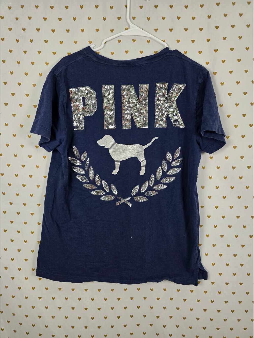 Victorias Secret PINK Blue Silver Sequined BLING Tee shirt Pocket MEDIUM